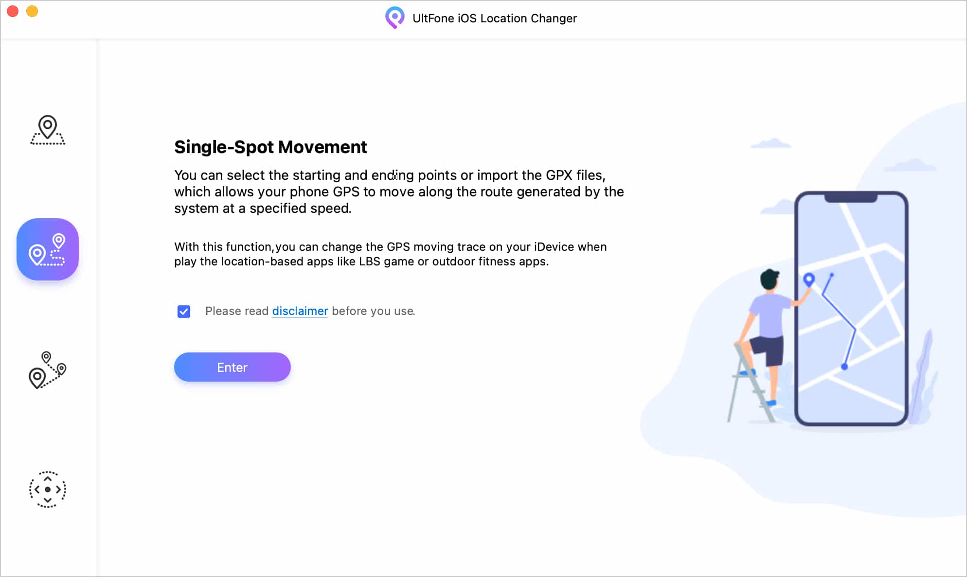 Single-spot movement in UltFone iOS Location Changer iOS app